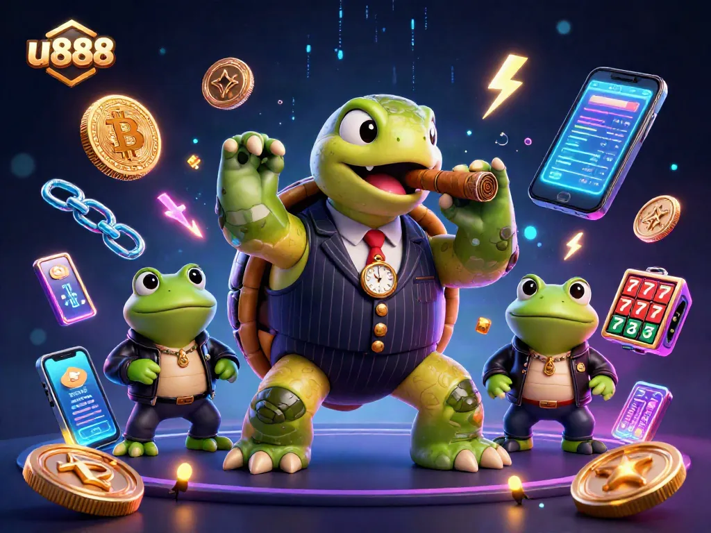 Experience thrilling wins at u888 with animated casino artwork featuring a gambling-themed snapping turtle.