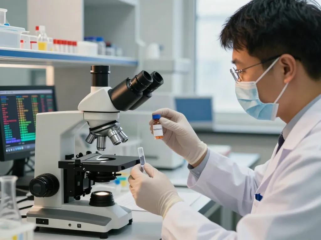 Researcher examining tesofensine buy online in a clinical lab setting with advanced equipment.