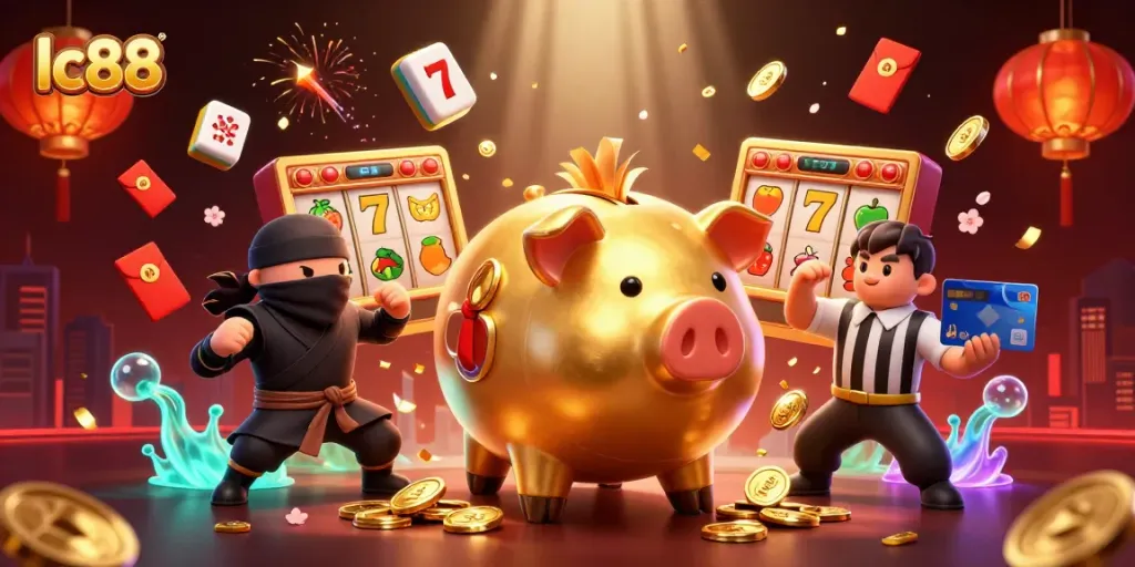 Experience thrilling gameplay with lc88, featuring a golden piggy bank sumo wrestler and vibrant slot elements.