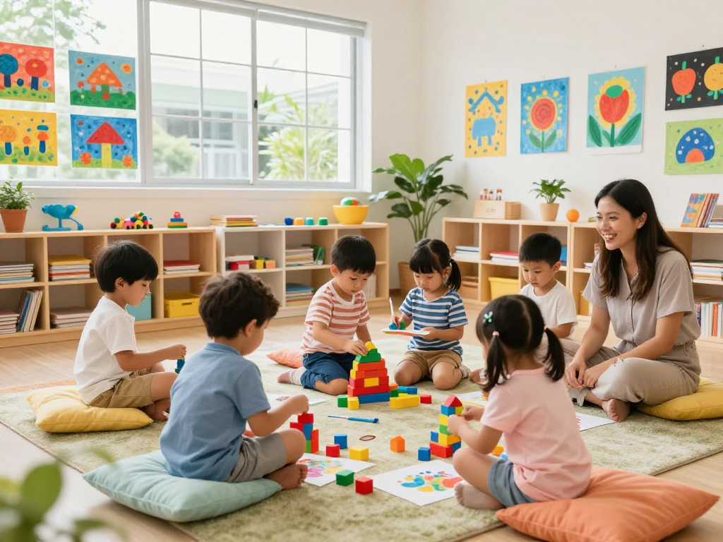 Engaging pre nursery Singapore classroom with children learning through play and creative activities.