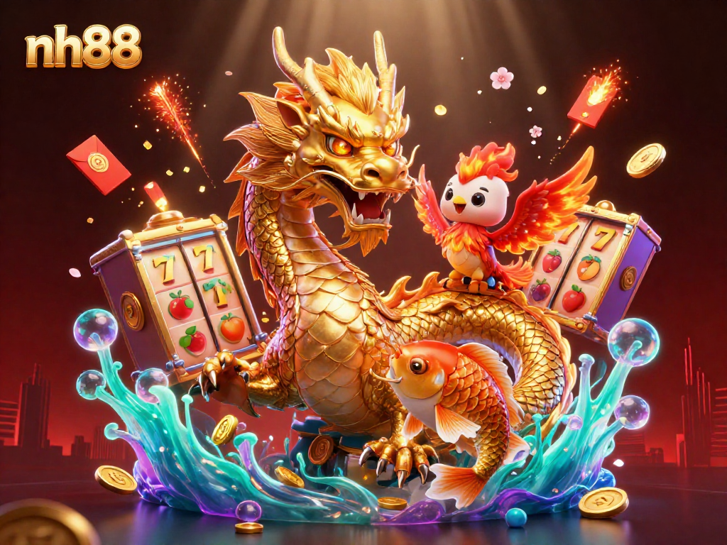 Experience thrilling bets at nh88 with a dazzling 3D dragon, phoenix, and koi fish amidst vibrant casino elements.