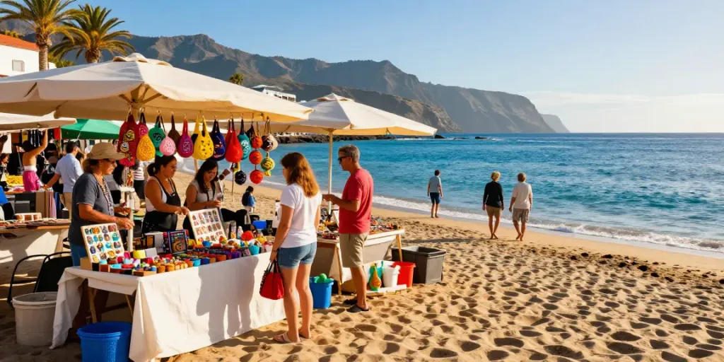 Tenerife travel shop market filled with local crafts and vibrant tourist activity.