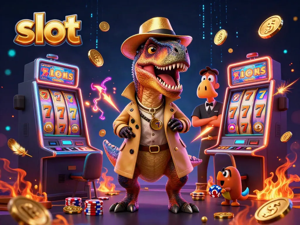 Velociraptor at a slot machine surrounded by gold coins and dynamic casino elements.