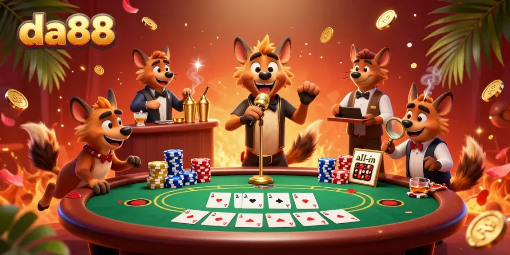 Engage in thrilling fun at da88 casino with hyenas as entertainers, showcasing a vibrant comedy scene with poker action.