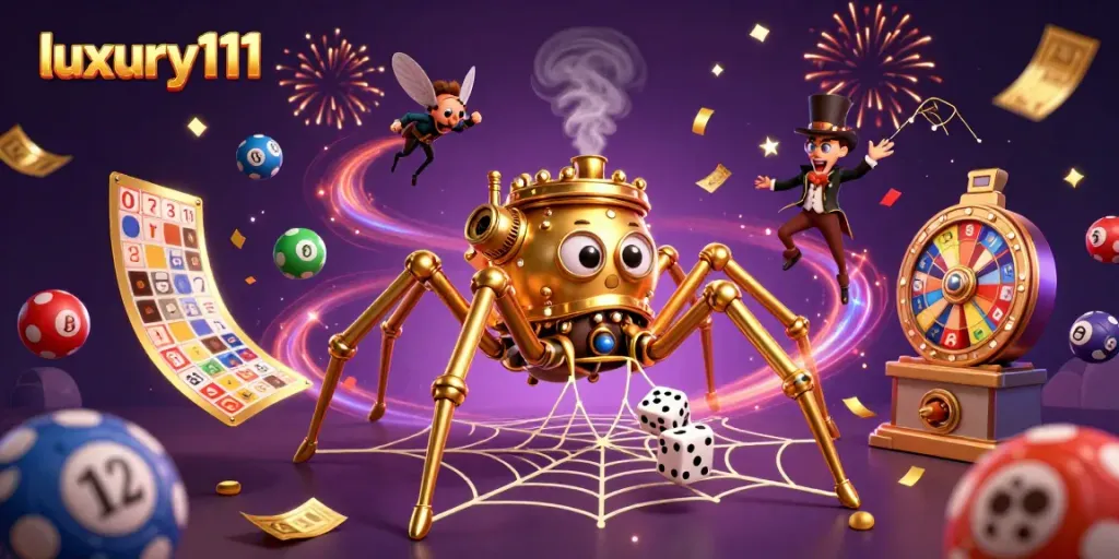 Experience thrilling wins at luxury111 with a steampunk spider in a vibrant casino scene.