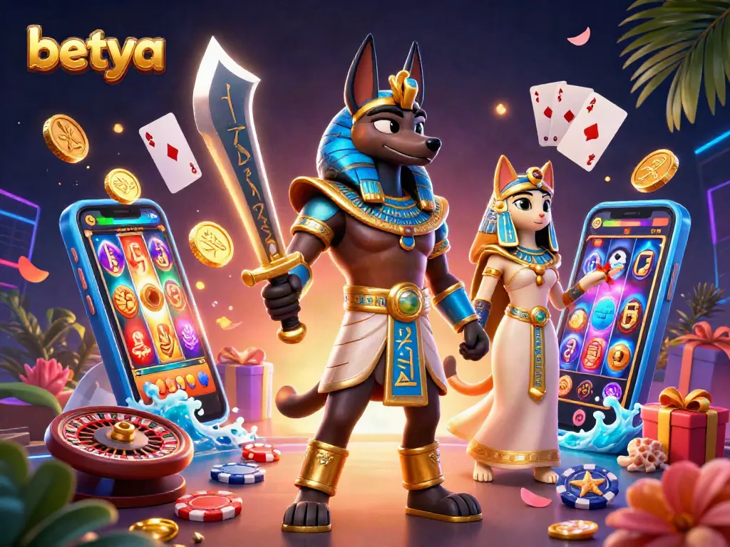 Experience dynamic gaming action at Betya with Anubis, Bastet, and vibrant casino elements.