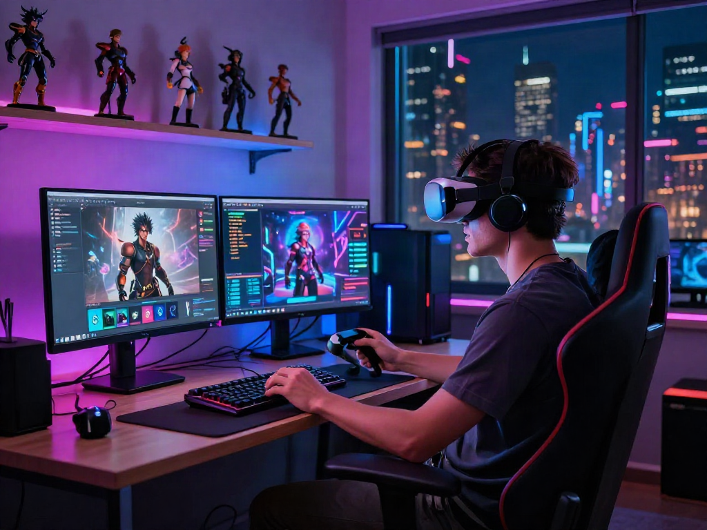 Immersive character AI NSFW experience in a modern gaming setup with vibrant tech elements.