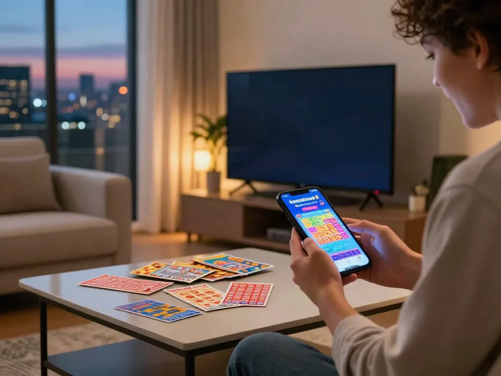 Engaging hargatoto online lottery gaming scene in a modern living room