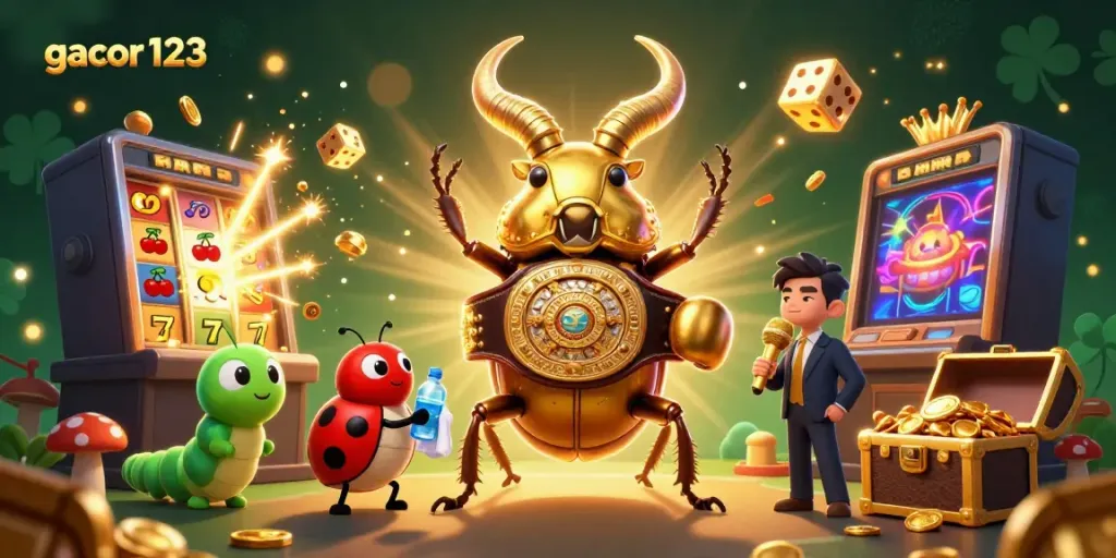 Experience the excitement with gacor123 as a golden stag beetle champions the casino world amidst thrilling slot symbols and dynamic game elements.