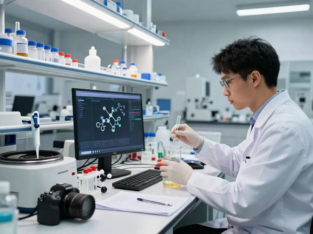 Buy MOTS-C peptide in a modern laboratory setting with a scientist mixing solutions.