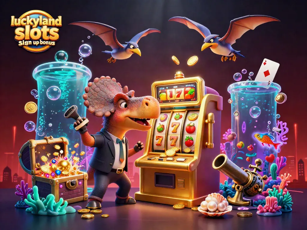 Engage with the luckyland slots sign up bonus as a pachycephalosaurus hits a slot machine amidst gold coins.