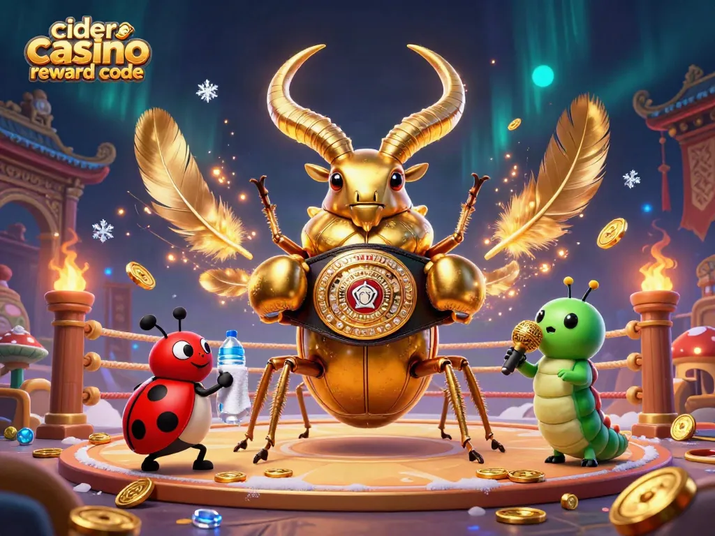 Cider casino reward code reveals golden beetle champion surrounded by dynamic casino elements.