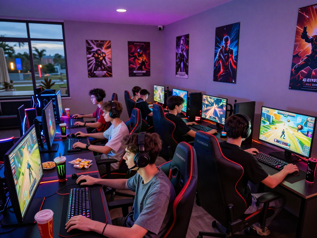 Players enjoying porngames in a vibrant gaming lounge with high-tech setups and LED lighting.