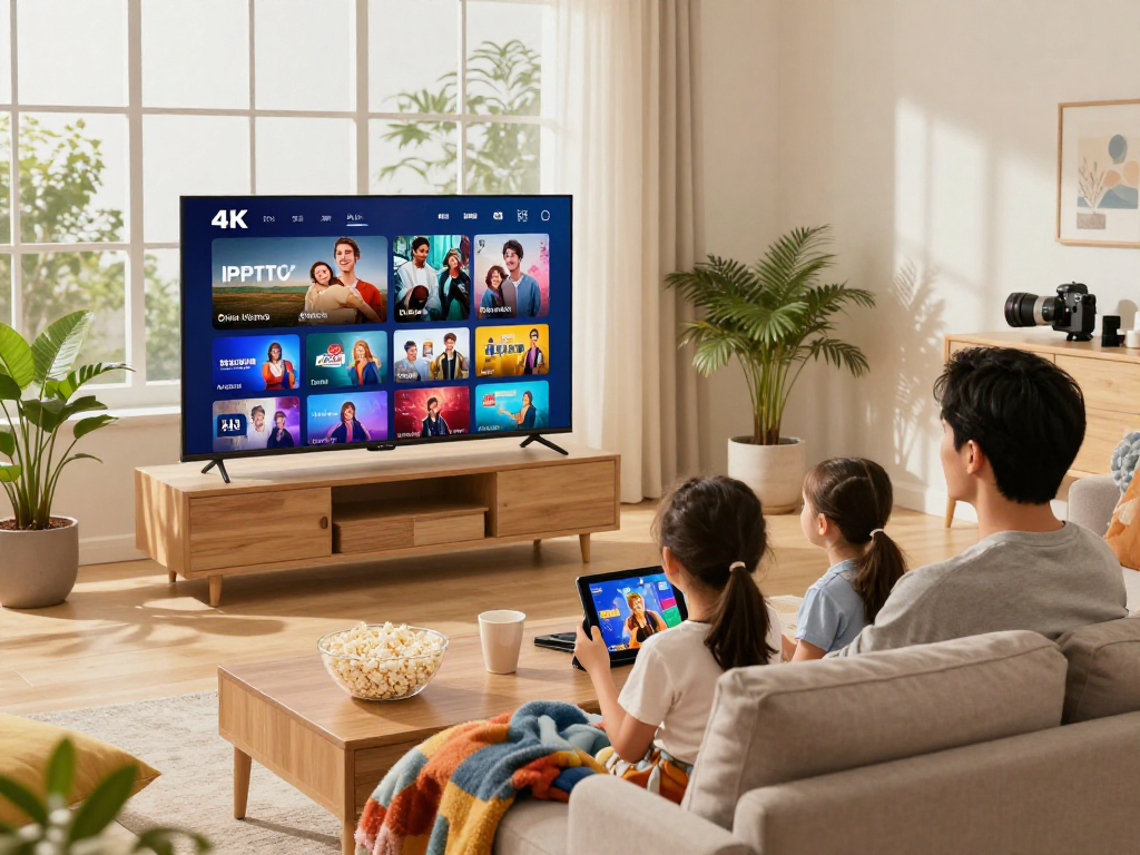 Kijk naar IPTV 4K met het gezin in een moderne woonkamer, ouders op de bank en kinderen met tablet.