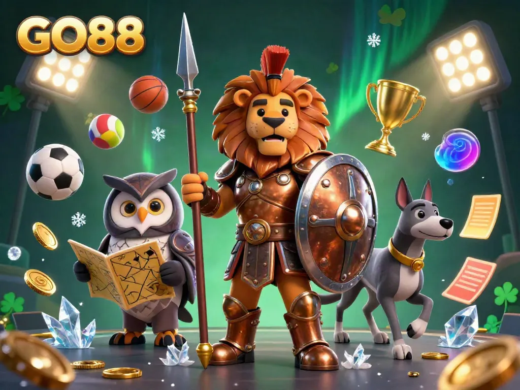 Experience the excitement of GO88 with a dynamic 3D illustration featuring a Spartan lion, owl strategist, and greyhound messenger.
