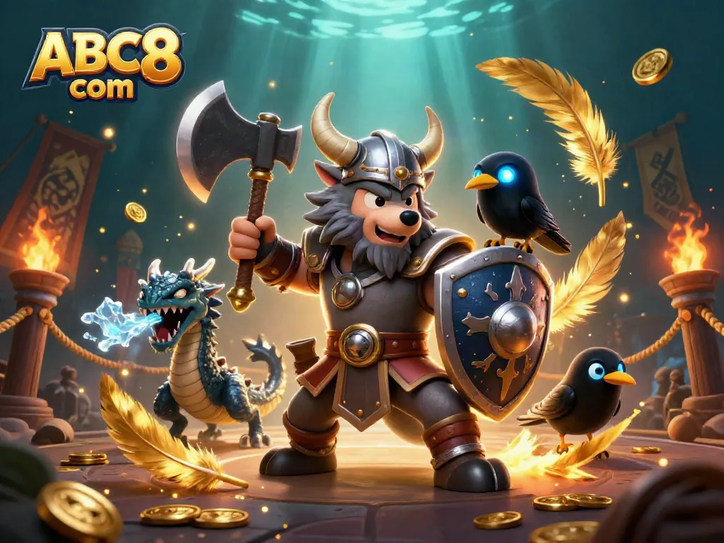 Engage with thrilling slots at ABC8 com featuring a Viking warrior, dragon, and raven.