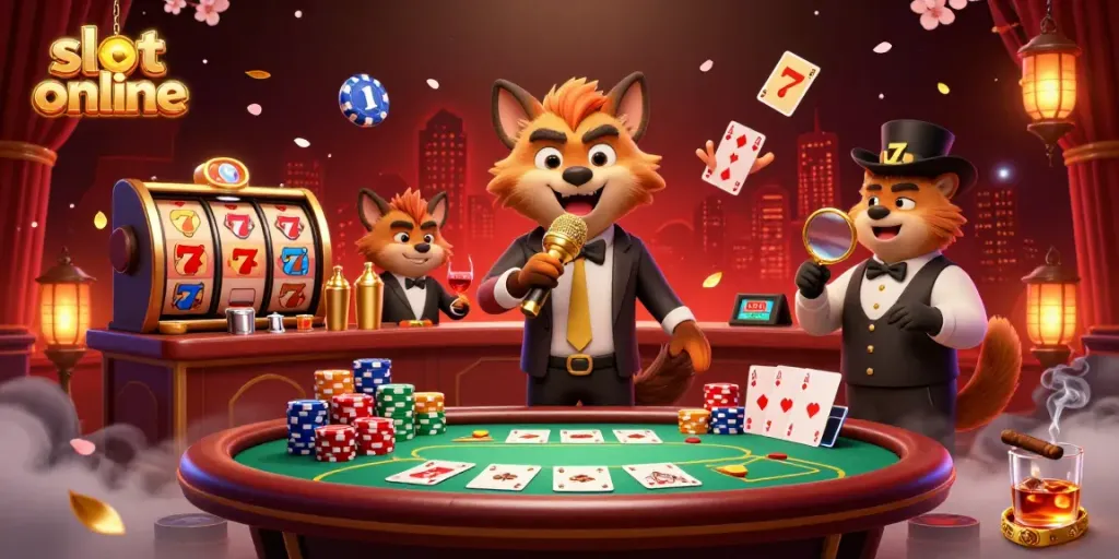 Experience the excitement of slot online gaming with lively hyenas in a vibrant casino scene.