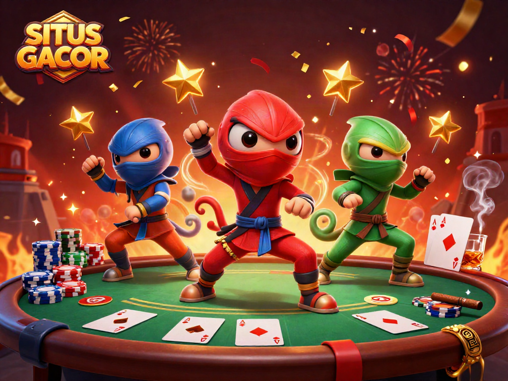 Engage with SITUS GACOR featuring cartoon ninja chameleons and poker elements for an energetic casino atmosphere.