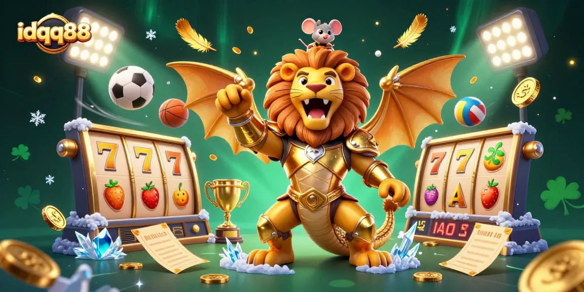 Experience idqq88's immersive slot gaming with triumphant chimera and sports elements in a vibrant casino scene.
