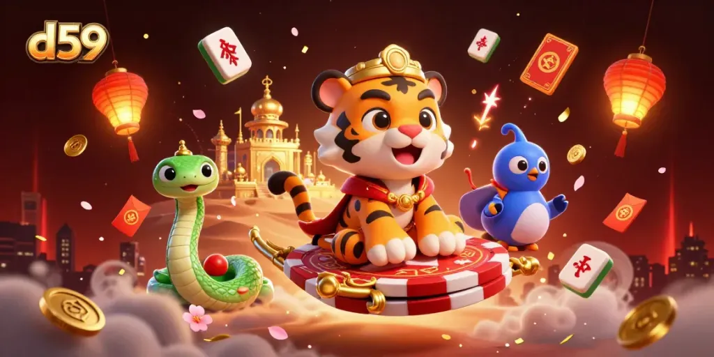 Spin to win with d59 as the Arabian Nights tiger sultan soars on a poker chip carpet among glowing elements.