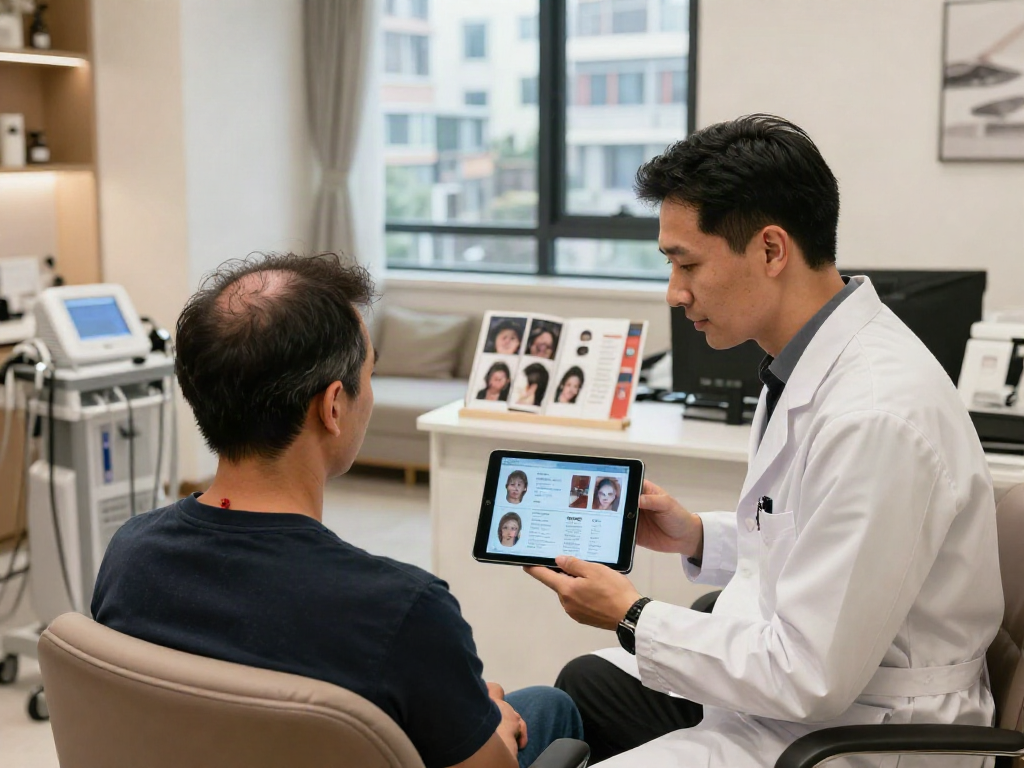 Hair transplant turkey cost consultation at modern clinic with specialist and patient discussing treatment options.