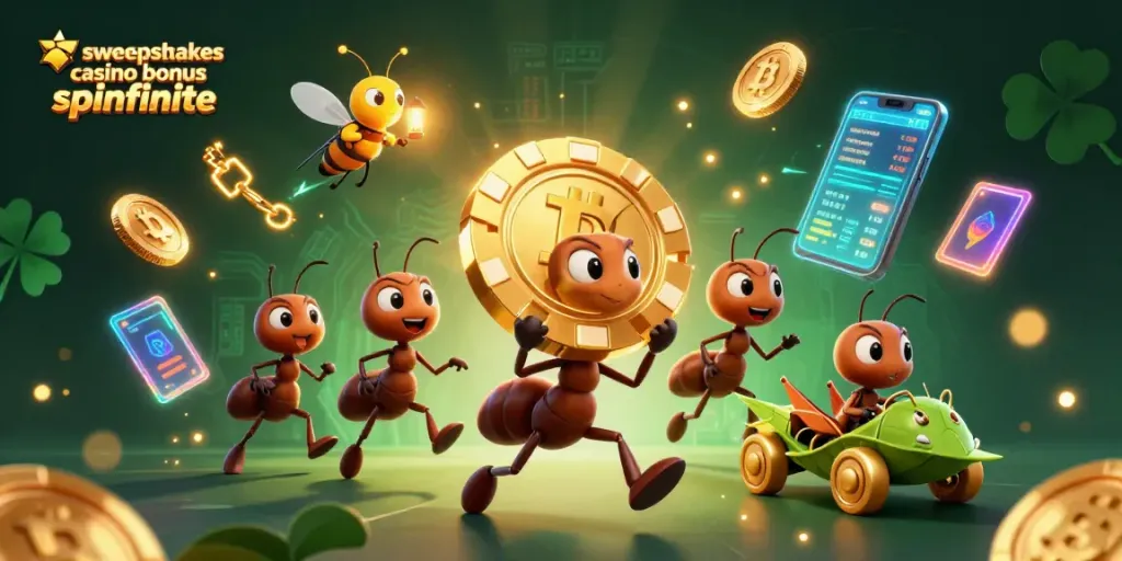 Engage with sweepstakes casino bonus spinfinite as ants pull off a heist with oversized poker chips.