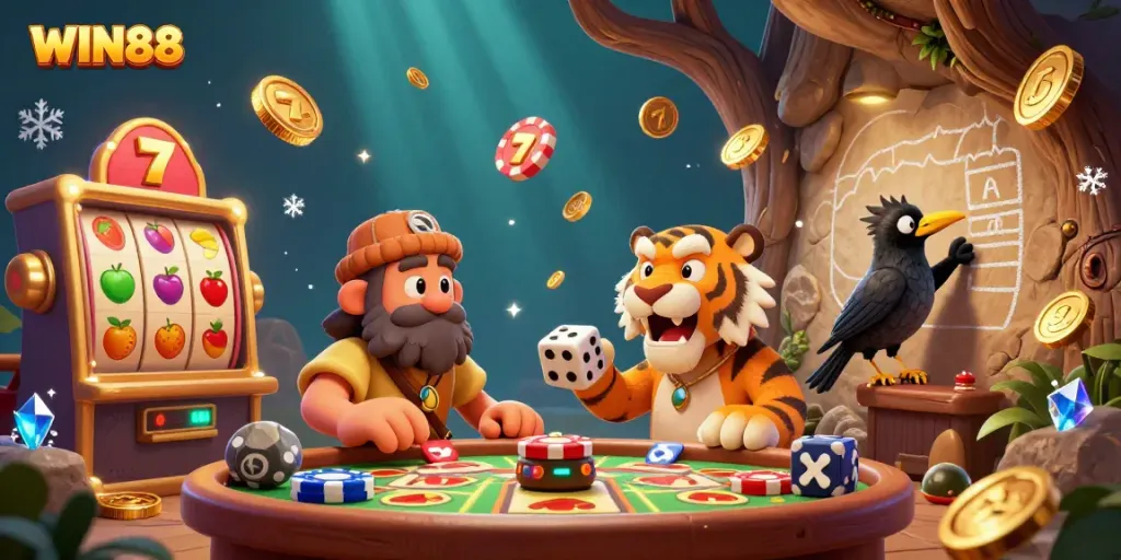 Engage with WIN88's vibrant prehistoric casino featuring a lively caveman and sabertooth tiger duo.