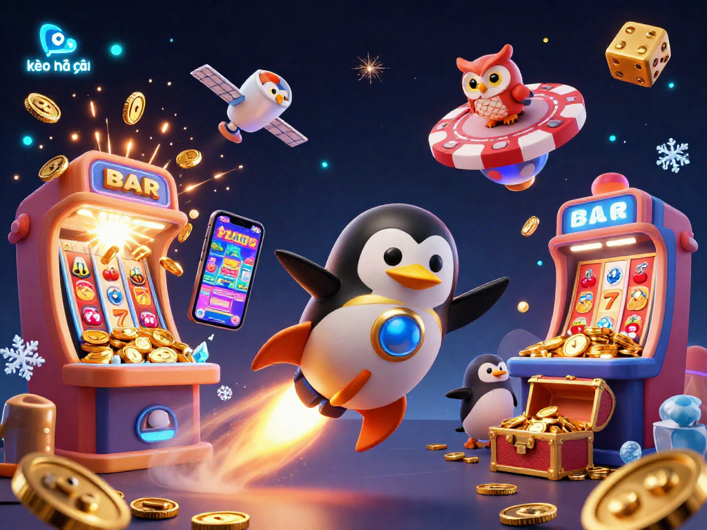 Experience thrilling kèo nhà cái gameplay with a vibrant 3D illustration of a golden penguin flying toward a casino space station.