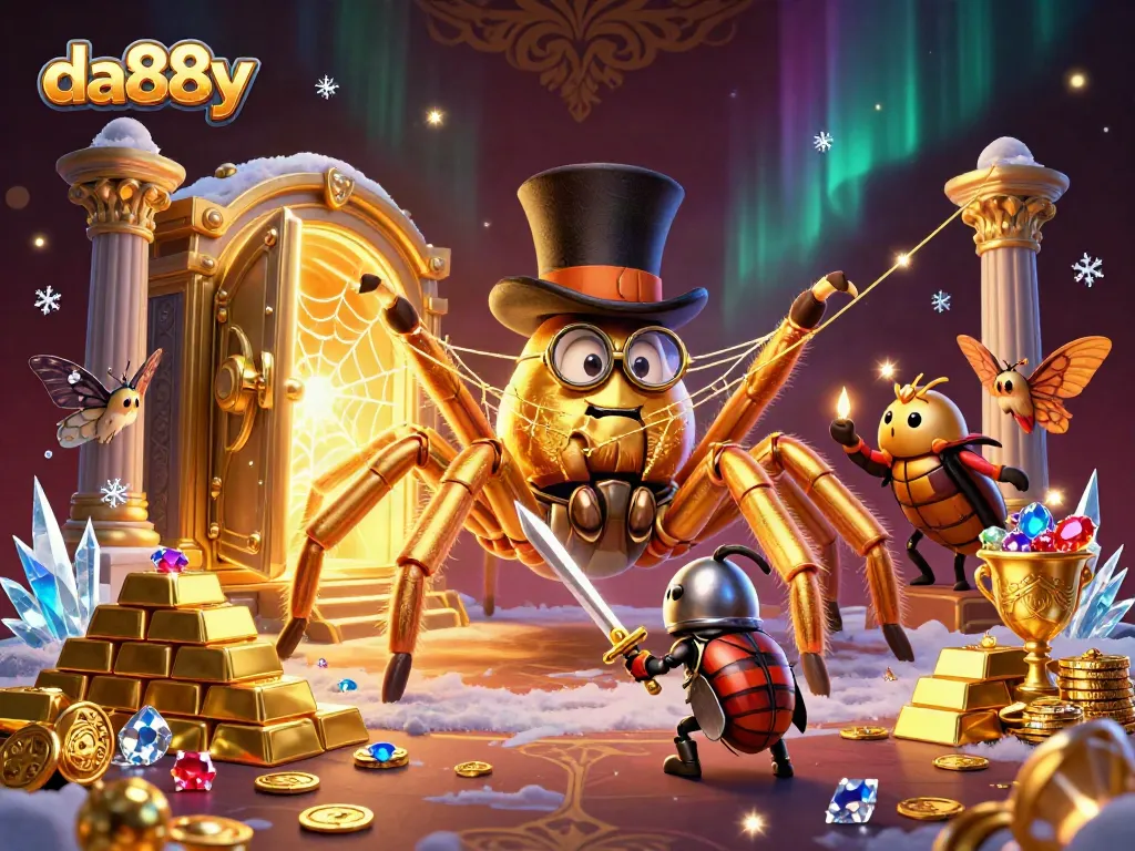 Engage with da88y at the vibrant casino with a golden tarantula and brave beetle knight in action.