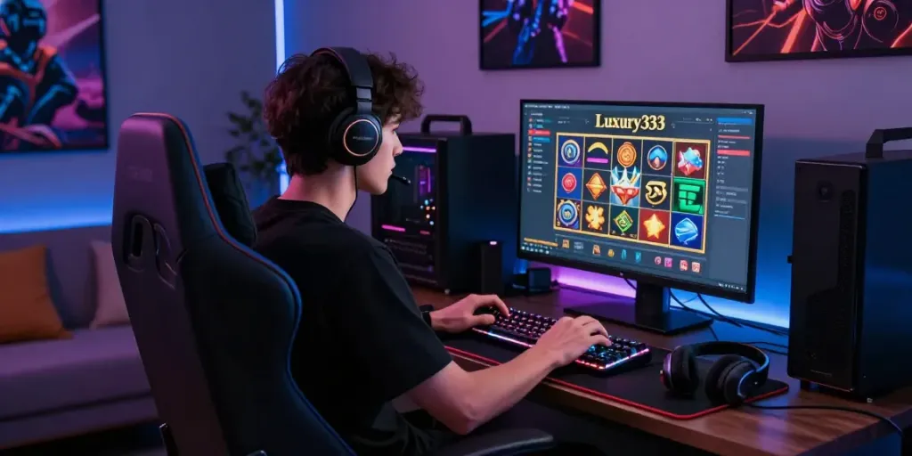Engaging luxury333 slot experience with elegant gaming setup and accessories.