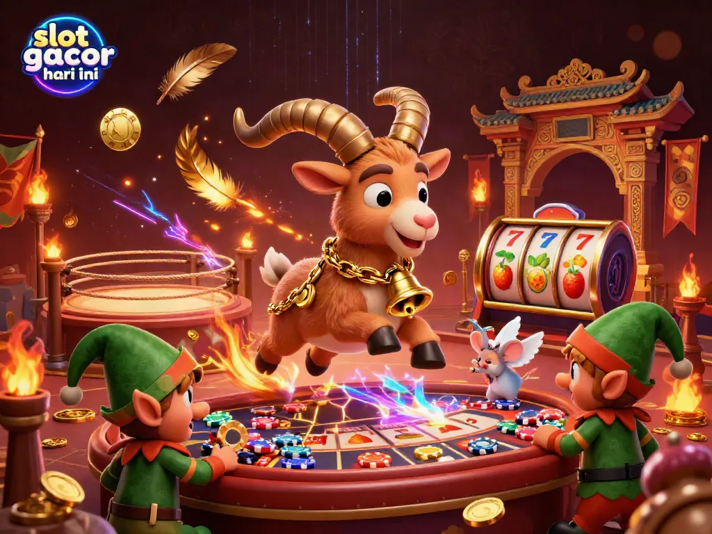 Engage with exciting slot gacor hari ini through this festive casino scene featuring a Krampus goat and playful characters.