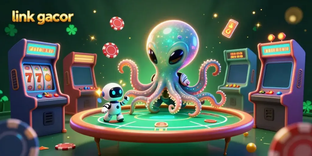Engage with the thrilling action of link gacor as an alien octopus hosts a holographic poker game among floating chips.