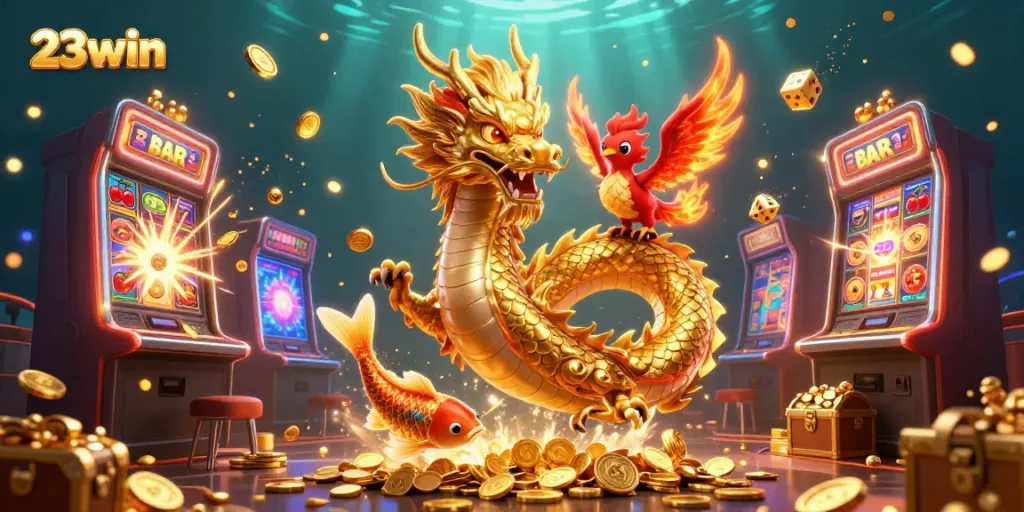 Experience the excitement of 23win with a golden dragon, phoenix, and casino elements in motion.