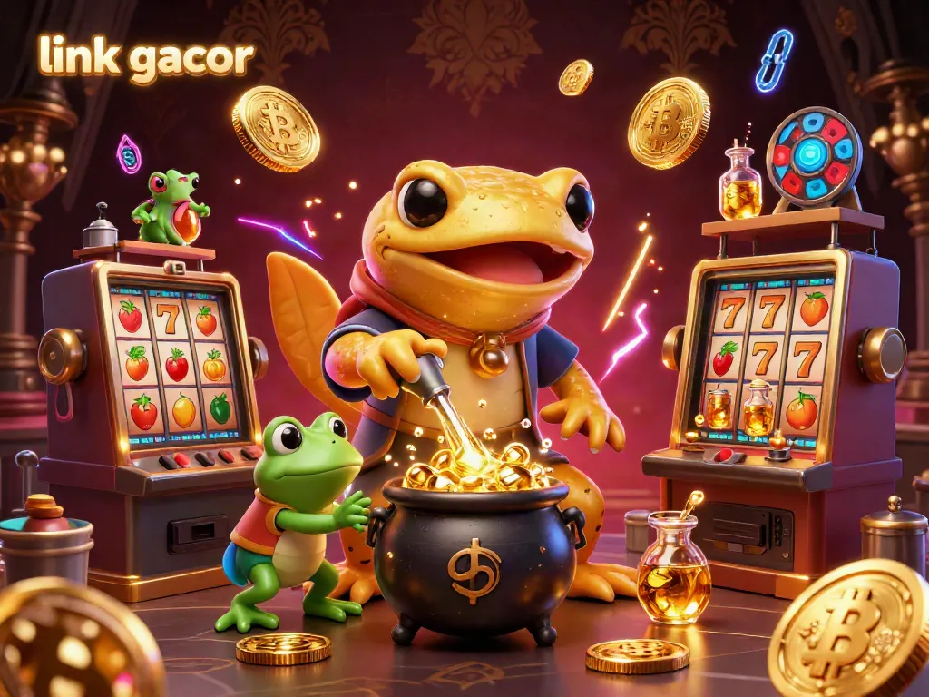 Engage with link gacor through this colorful 3D illustration of slot machines and gold elements.