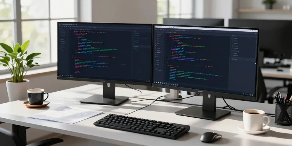 Developer integrating OpenAI-compatible API in a modern office setup with coding and coffee.