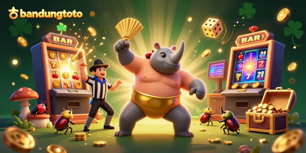 Experience the excitement of bandungtoto with a vibrant 3D casino scene filled with golden coins and fun characters.