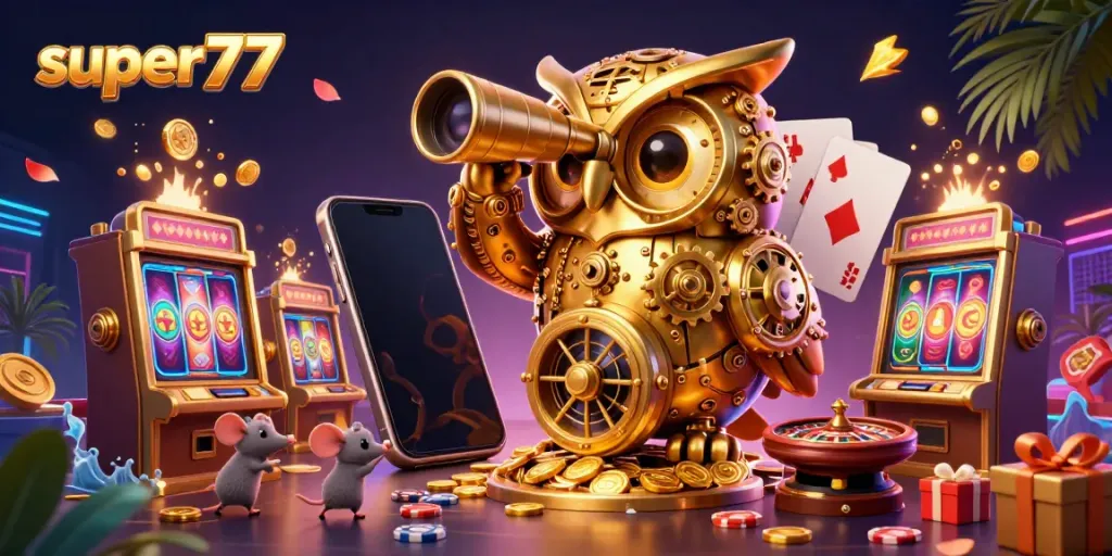 Experience thrilling game action with super77 at a dynamic casino featuring an animated golden owl and fun elements.