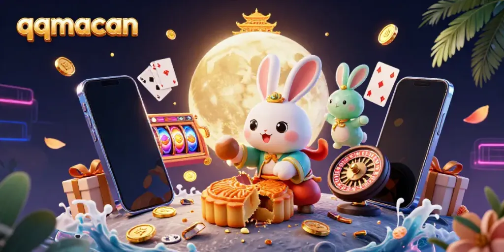 Engage in thrilling gameplay with qqmacan's animated characters celebrating on the moon.