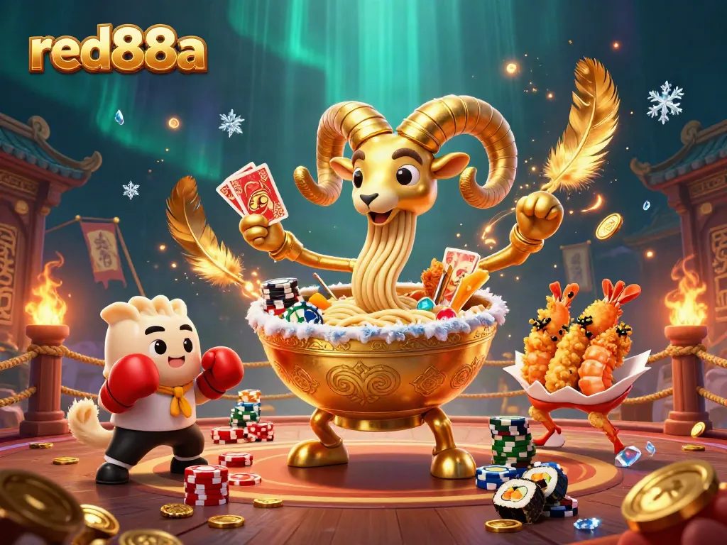 Engage in thrilling action with red88a, where a golden ramen bowl and sushi role celebrate gambling victories.