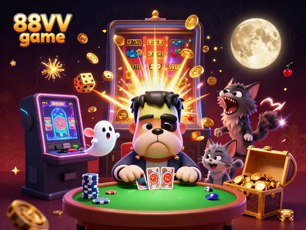 Engage in the exciting 88VV game scene with a unique Frankenstein bulldog dealer and casino elements.