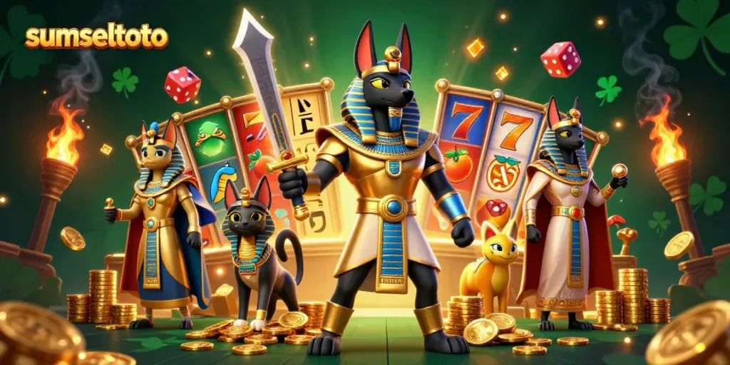 Experience the vibrant energy of sumseltoto with Anubis and Bastet amidst slot reels and coins.