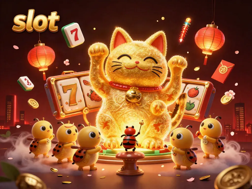 Experience thrilling slot adventures with a lucky cat and vibrant casino elements.
