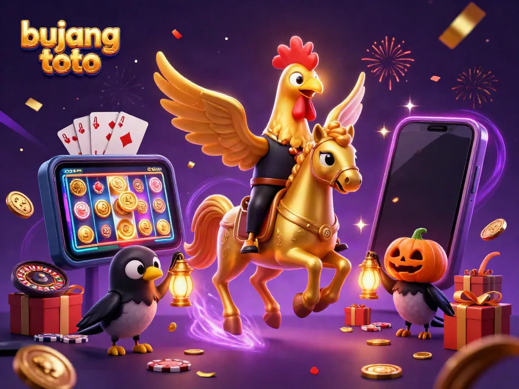 Bujang toto golden rooster character in a lively casino scene surrounded by vibrant slot game elements.