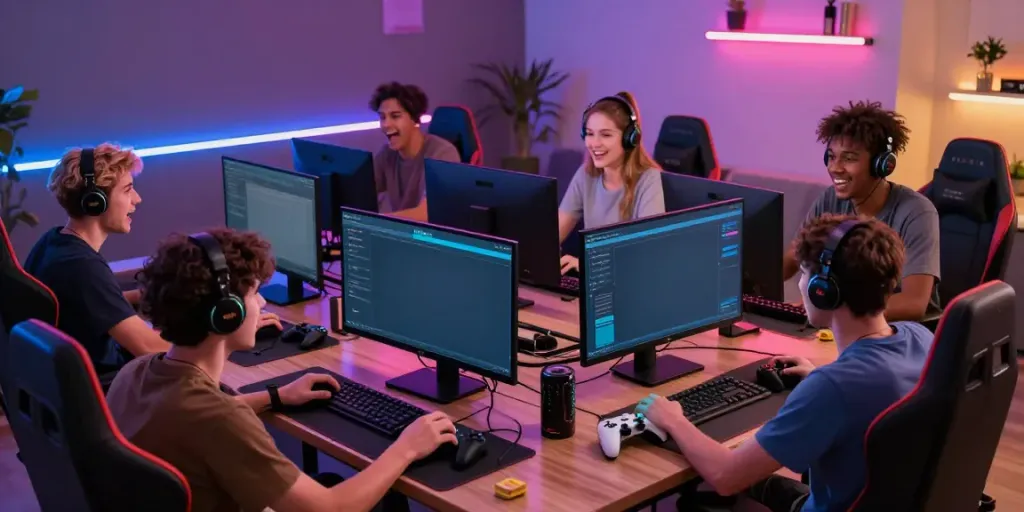 Diverse young adults enjoying a bro138 online gaming experience in a modern gaming room with vibrant digital interfaces.