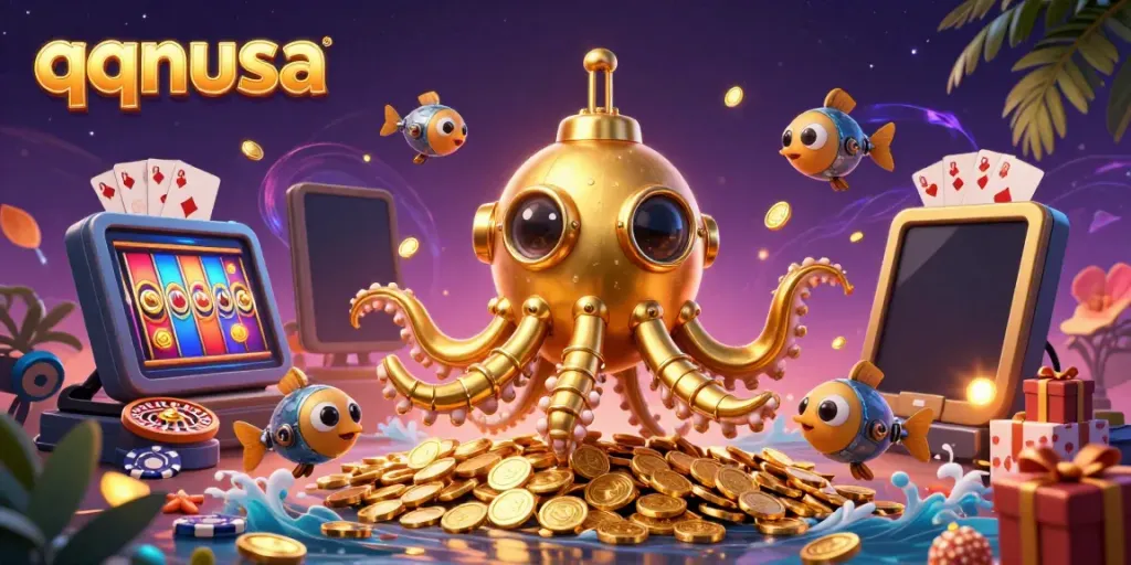 Engage with qqnusa as a golden kraken submarine surfaces amidst slot games and golden coins.