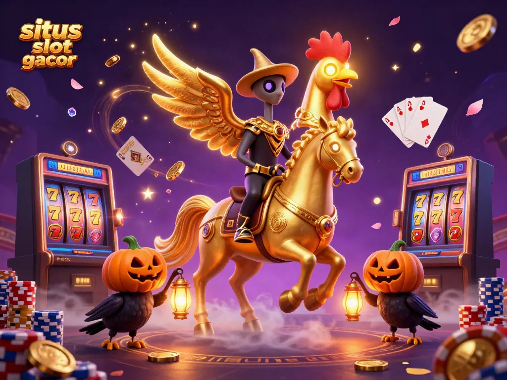 Situs slot gacor visual with a golden rooster horseman in a vibrant midnight casino scene.