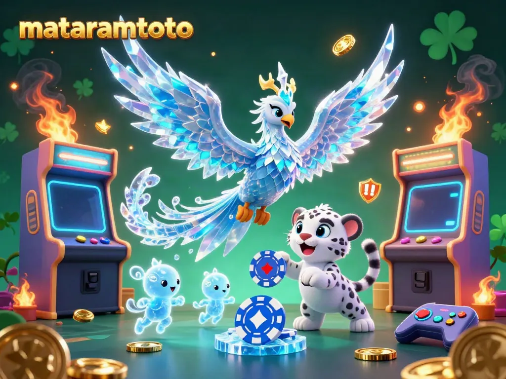 Experience the thrill of playing at mataramtoto with a dazzling 3D scene featuring vibrant characters and casino elements.