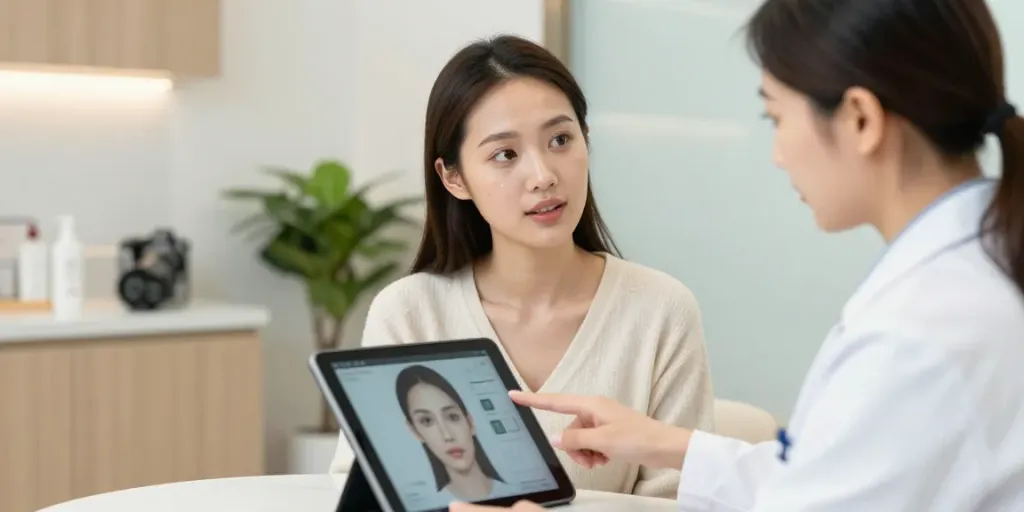 Consultation for alternatives to QOVES in a modern beauty clinic.