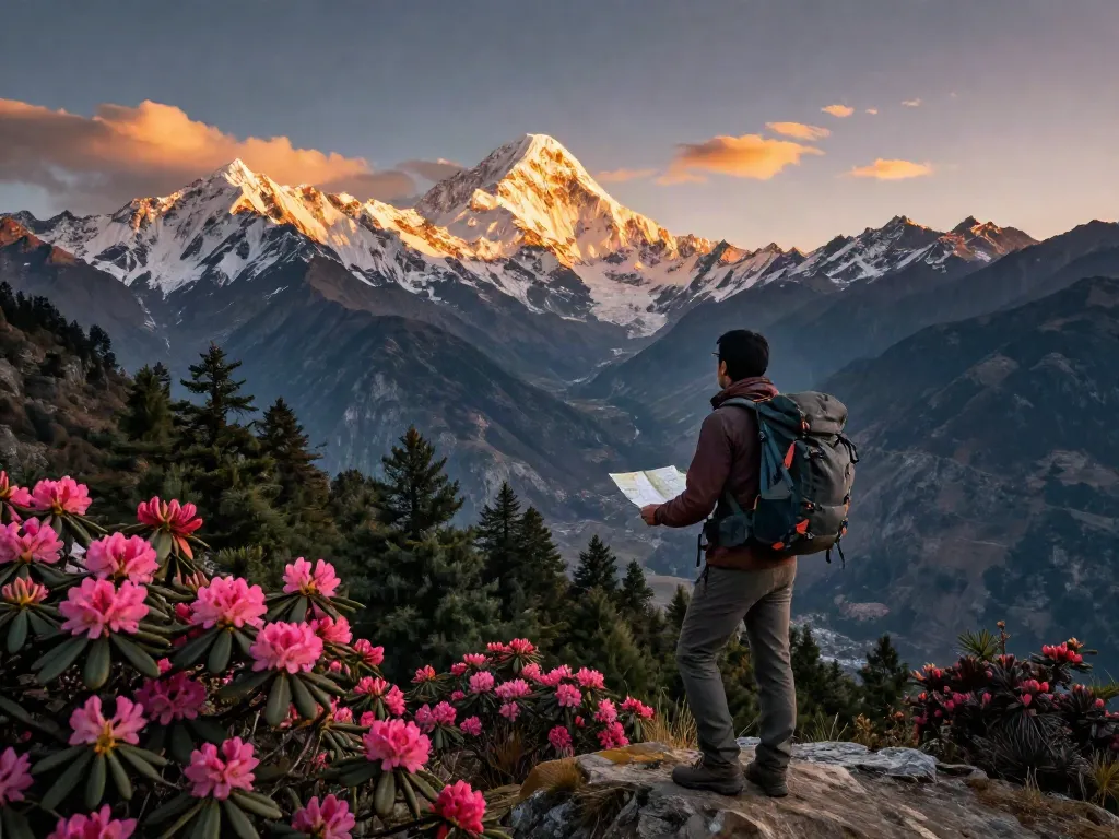 Manaslu Circuit Trek traveler enjoying stunning views of the Himalayan peaks at sunset.