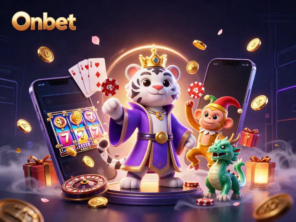 Experience thrilling wins with Onbet, where an elegant tiger, playful monkey, and jade dragon come alive in a vibrant casino world.